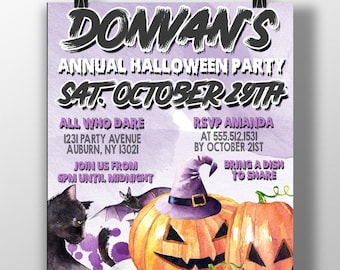 Modern halloween party invitation, watercolor halloween invitation, pumpkin invite, black cat invitation, halloween party invites