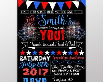 July 4th invitations, independence day invites, red white and blue invitations, modern 4th of july party, firework invite, INVAME04