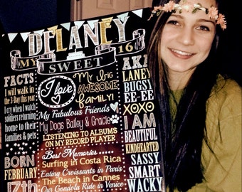 Sweet 16-verjaardagsbordposter aangepast voor elke leeftijd en geslacht, kleurverandering beschikbaar en GRATIS aankoop van 8 x 10 inch! Verjaardagsbord in schoolbordstijl zestien