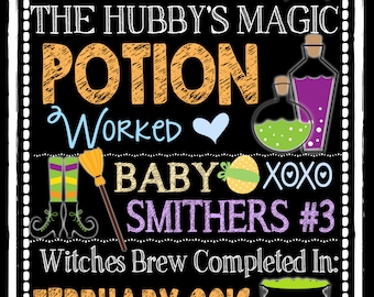 funny halloween pregnancy announcement, hubby's magic potion worked pregnancy announcement, unique halloween pregnancy announce ID# PRGHWN01
