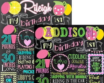 lemonade birthday, lemonade stand 1st birthday, pink yellow green birthday party, pink lemonade birthday chalkboard style BRDLEM01