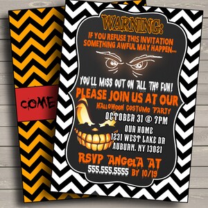 invitations effrayantes de citrouille, invitations oranges et noires de chevron, invitations modernes et uniques d'halloween, invitation rougeoyante de citrouille INVHWN08