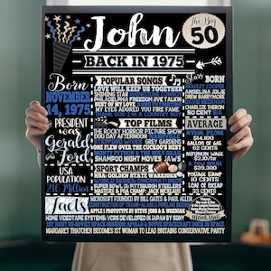 1975 Geburtstagsgeschenk, personalisierte 50. Geburtstag Zeichen für Jungs, seine 50. Geburtstag Geschenkideen, Zurück in 1975, Geschichte von 1975 Posterdruck, 50 er
