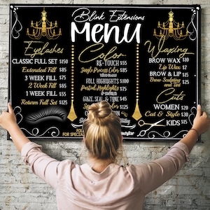 Beauty Bar Menu Sign, Glam Beauty Salon Decor, Eyelash Services Menu, Hairdresser Price Menu Templates, Personalized chic Business Menus
