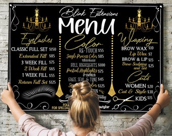 Beauty Bar Menu Sign, Glam Beauty Salon Decor, Eyelash Services Menu, Hairdresser Price Menu Templates, Personalized chic Business Menus