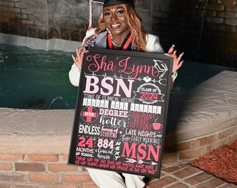 May include: A woman in a graduation cap and gown holds a chalkboard sign that reads "Sha'Lynn BSN Class of 2024" and lists the number of clinical hours, degrees, and months of school. The sign also includes the text "MSN next".
