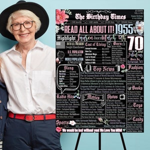 70 donne di compleanno / Segnali di 70° compleanno personalizzati / Stampe di poster di giornali di compleanno del 1955 / Regali di compleanno unici per donne di 70 anni