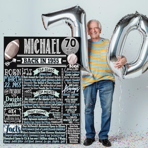 Regalos para hombres de 70 años / Letrero con datos históricos de 1955 / Ideas para regalos de cumpleaños número 70 para papás / Decoraciones de cumpleaños para hombres de 1955 / Letreros de periódicos de 1955