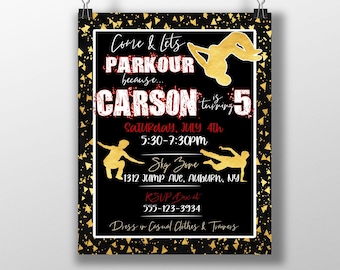 Parkour Invite, Boys Parkour Themed Birthday Party Invitation, Unique Birthday Themes For Boys, Gold Black Invite, Parkour Birthday Party