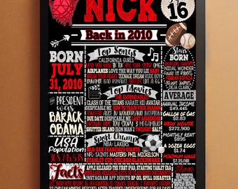 Sons 16th Red Party Decoration, 16 year Old Athlete Birthday Gift Ideas & 16th Bday Party Theme, Boys Born in 2010 Fun Fact Sport Bday Decor