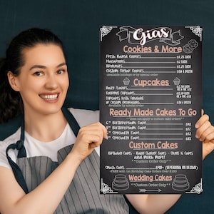 Modello di tabellone per menu di panetteria, listino prezzi personalizzato per attività commerciali, cartello per menu aziendale moderno, listino prezzi stampabile, stile lavagna shabby chic