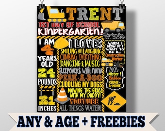 Boys first day of school sign - 1st day of school chalkboard download - construction first day of school signs - custom first day of school