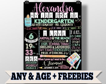 First day of school signs - girls first day of school sign - her 1st day of school - signs for first day of school - 1st day of kindergarten