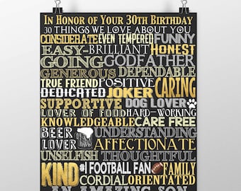 30 things we love about you, custom 30th birthday gift, 30th birthday party signs, modern 30th birthday decor, gift for 30th birthday