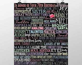 70 things we love about you, 70th birthday present, 70th birthday gift, gifts for her, things I love about you sign, 70th bday party decor