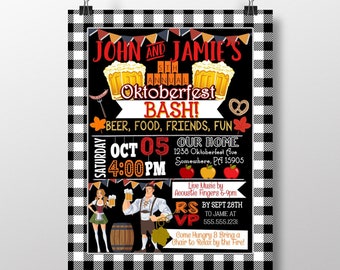 May include: Black and white checkered background with a black chalkboard style invitation for John and Jamie's 5th Annual Oktoberfest Bash. The invitation includes the date, time, location, and RSVP information. The text reads: "John and Jamie's 5th Annual Oktoberfest Bash! Beer, Food, Friends, Fun. Saturday, Oct 05, 4:00 PM. Our Home, 1238 Oktoberfest Ave, Somewhere, PA 15905. Live Music by Acoustic Fingers 6-9pm. RSVP by Sept 28th to Jamie at 555.555.1231. Come Hungry & Bring a Chair to Relax by the Fire!"