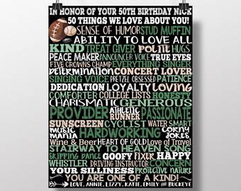Mens 50th Birthday Gifts, 50 Things We Love About You, Personalized 50th Bday Gifts, His 50th Birthday, Birthday Party Decorations For Men