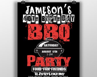 BBQ birthday party invitiations, bbq party invites, backyard birthday party invites, modern bbq invites, black and red bbq party invitations