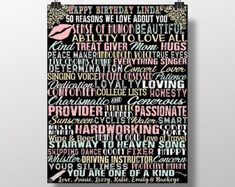 50th Birthday Gifts For Women, 50 Things We Love About You Sign, Her 50th Birthday, Females 50th Birthday, 50th Birthday Party Decorations