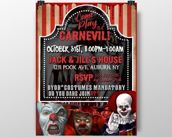 Enge clown nodigt, uitnodigingen boze clown, Carnevil Halloween-feest, Pennywise-uitnodigingen, uitnodigingen Freaky Halloween-feest, eng