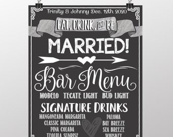 Wedding bar menu sign, custom wedding signature drinks sign, wedding bar sign, wedding signature drink list, custom wedding signs chalkboard