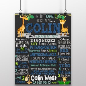 May include: A black chalkboard with a giraffe illustration and the text "IN JUST ONE SHORT YEAR... COLIN since MARCH 30, 2017 He's been a WARRIOR through... DIAGNOSES: UTI Sleep Apnea: FIGHTER through these countless tests... Over 60 Dr Appointments PS TRANSPOSITION: EKG 8 DIFFERENT SPECIALISTS: Pnuemonia Bifid SReflux: 3 Kidney U/S's LARYNGOMALACIA: Echocardiogram Failure to Thrive 3 Chest XRays 5 Visits: PATENT DUCTUS ARTERIOSUS: VCUG to the ER: Taken An Ambulance Ride: 5 IV's & through it all, he has stayed our: PICC LINE 3 HOSPITAL: STRONG, AMAZING, HAPPY ADMISSIONS: SILLY, TOUGH & VERY BRAVE... And 2 Colin West 2 Sleep Studies Surgeries OUR SWEET BABY BOY XOXO"