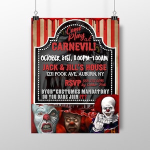 Invitations De Clown Effrayant, Invitations De Clown Maléfique, Fête D'halloween Carnevil, Invitations Pennywise, Invitations De Fête D'halloween Bizarre, Effrayant