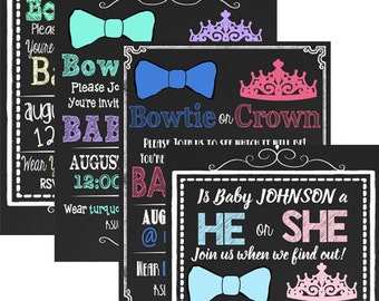 Bowtie or Tierra Gender reveal invites, custom gender reveal party invitations, modern gender reveal, unique gender reveal, bowtie or crown