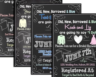 Old new borrowed and blue bridal shower invitation, modern bridal shower invites, tux and gown shower invitations, custom shower, INVIDO02