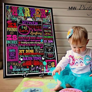 Puede incluir: Un cartel de pizarra colorido con los detalles del primer cumpleaños de un bebé, incluyendo el peso, la altura, las cosas favoritas y una foto del bebé sentado en el suelo con un pastel rosa que dice "Harper".