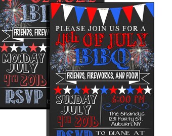 Invitaciones para el 4 de julio: invitaciones para el 4 de julio en pizarra, ¡hazlas tú mismo e imprímelas desde CASA! Personalizadas solo para ti, barbacoa, 4 de julio, INVAME02