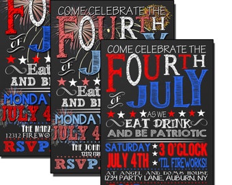 4th of July invitations, fourth of july invites, 4th of july party invites, firework red white and blue invitations, july 4th party INVAME04
