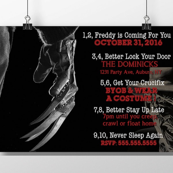 May include: A black and white image of Freddy Krueger's glove with razor-sharp blades. The image is a Halloween party invitation with the text "1,2, Freddy is Coming For You" and "October 31, 2016".