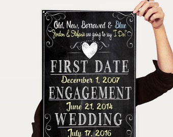 May include: A black chalkboard sign with white chalk writing. The sign says "Old, New, Borrowed & Blue Gordon & Stefanie are going to say "I Do!" FIRST DATE December 1, 2007 ENGAGEMENT June 21, 2014 WEDDING July 17, 2016".