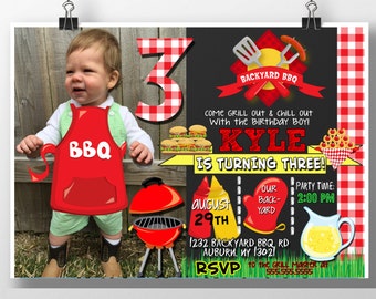 Picnic birthday invitation, bbq birthday party, backyard bbq party invites, kids birthday bbq party decor, red gingham invites, INVBBQ11