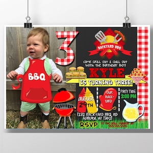 Picnic birthday invitation, bbq birthday party, backyard bbq party invites, kids birthday bbq party decor, red gingham invites, INVBBQ11