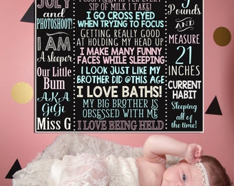 Newborn monthly sign, baby monthly milestone sign layout, month by month baby poster sign chalkboard style, baby monthly stats BRHRDM15