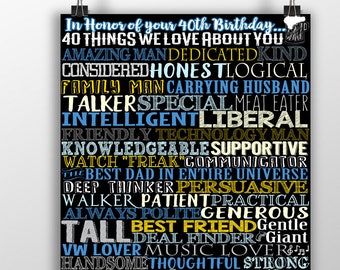 40 things we love about you in honor of your 40th birthday, forty things i love about you, 40th birthday gift, 40th bday sign BRDHON01
