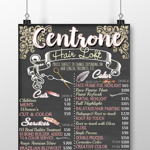 Enseignes de menu de salon de coiffure, style tableau noir, menu d'affaires floral, enseignes d'entreprise shabby chic, enseigne de menu de salon floral, menu avec fleurs