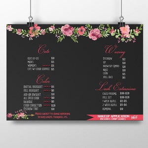 Beauty salon menu, lash extension sign, haircut sign, hair salon sign, beauty salon sign, salon pricing menu, business menu, business signs