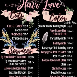 May include: A black and white price list for a hair salon called "MILANIA Hair Love". The price list includes services such as cuts, color, and treatments. The salon's phone number is (631) 555-5555.  Follow them on social media at @PUTYOURNAMEHERE.