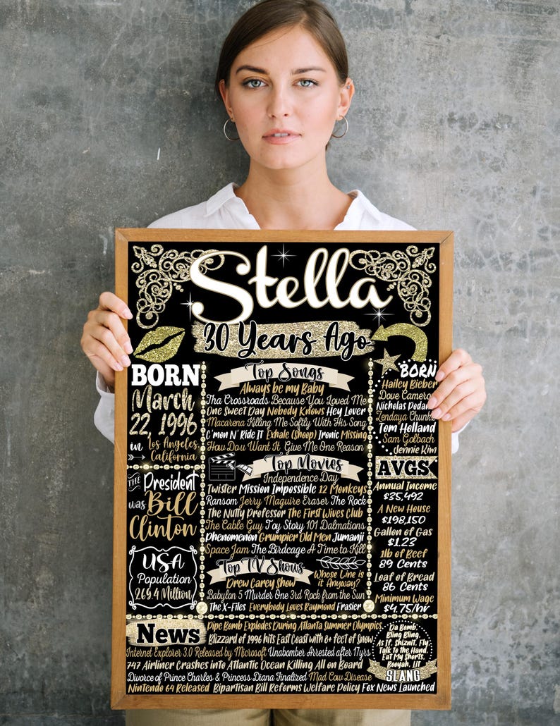Presente de aniversário de 1996 para mulher, Decorações de festa de aniversário com glitter dourado para ela, Placa de boas-vindas para festa de 30 anos, Presente personalizado para o 30º aniversário dela Stella Style
