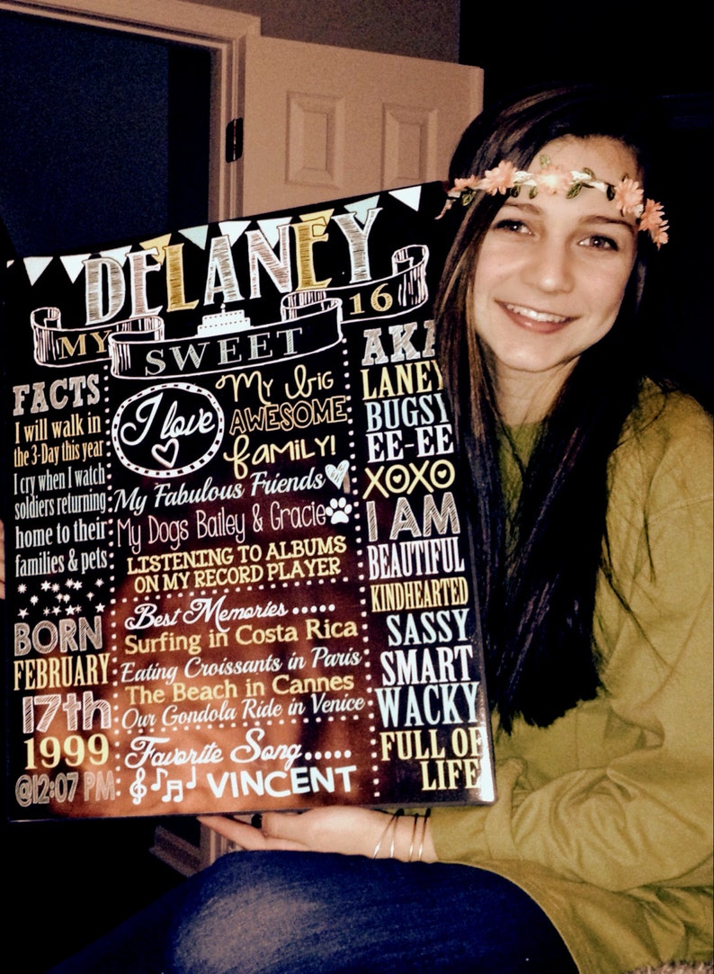 Op de afbeelding: Een zwart schoolbord met witte en gouden letters. Het schoolbord zegt "Delaney 16 My Sweet Sixteen" en somt feiten op over de persoon, waaronder haar verjaardag, haar favoriete liedje en haar favoriete herinneringen. Een jonge vrouw houdt het schoolbord voor zich.