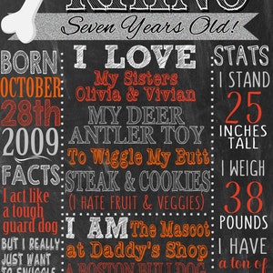 May include: A chalkboard style birthday poster for a dog named Rhino. The poster is decorated with orange and white chevron patterns and features a bone graphic. The poster includes the dog's name, age, birthdate, facts about the dog, and a list of things the dog loves. The poster also includes the dog's height and weight.