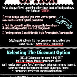 May include: Black and white text on a black background explaining the discount option for a personalized printable. The text includes the words "DISCOUNT OPTION" and "Selecting The Discount Option".