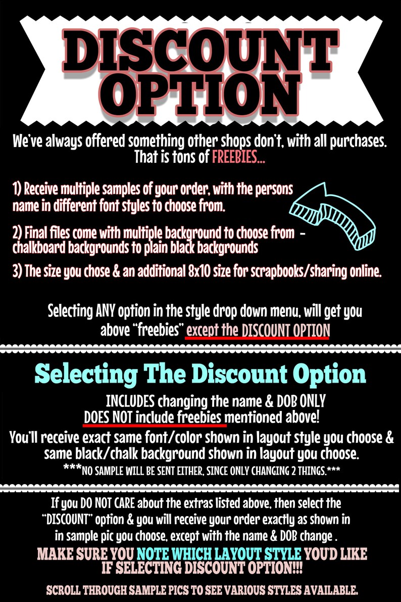 May include: Black and white text on a black background explaining the discount option for a personalized printable. The text includes the words "DISCOUNT OPTION" and "Selecting The Discount Option".