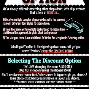 Pode incluir: Um gr&aacute;fico preto com texto branco e rosa que diz "DISCOUNT OPTION". O texto descreve as op&ccedil;&otilde;es de pedido, incluindo amostras gr&aacute;tis, op&ccedil;&otilde;es de fundo e op&ccedil;&otilde;es de tamanho. Texto adicional explica a op&ccedil;&atilde;o de desconto.