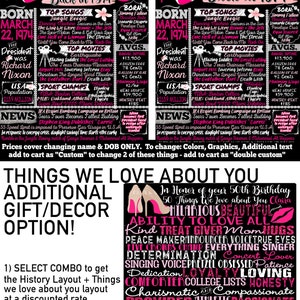 May include: A black and pink printable poster with the text "Back in 1974" and a list of events that happened in 1974. The poster also includes a list of things we love about you, such as "hilarious", "beautiful", "ability to love all", "kind", "treat giver", "mom", "hugs", "peace maker", "announcer", "voice", "true eyes", "five crowns", "champ", "everything", "singer", "determination", "concert lover", "singing", "voice", "pretzel", "obsessed", "patience", "dedication", "loving", "comforter", "college lists", "honesty", "charismatic", "compassionate", "provider", "athletic", "passionate", "runner", "sunscreen", "cyclist", "water", "smart", "music", "hardworking", "jokes", "wine & beer", "heart of gold", "love of travel", "stairway to heaven", "song", "skipping", "dance", "goofy", "fixer", "happy", "whistler", "driving instructor", "concern", "your silliness", "protective nature", "you are one of a kind", "love, Annie, Lizzy, Katie, Emily & Buckeye".