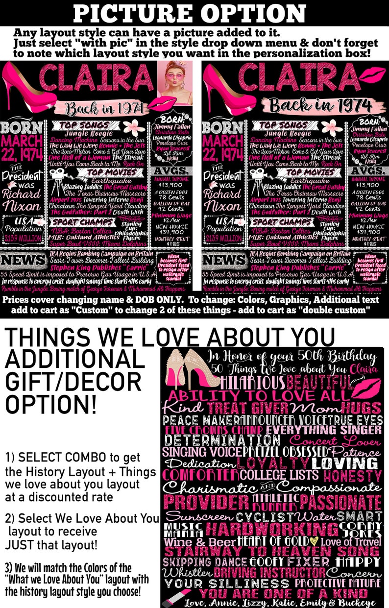 May include: A black and pink printable poster with the text "Back in 1974" and a list of events that happened in 1974. The poster also includes a list of things we love about you, such as "hilarious", "beautiful", "ability to love all", "kind", "treat giver", "mom", "hugs", "peace maker", "announcer", "voice", "true eyes", "five crowns", "champ", "everything", "singer", "determination", "concert lover", "singing", "voice", "pretzel", "obsessed", "patience", "dedication", "loving", "comforter", "college lists", "honesty", "charismatic", "compassionate", "provider", "athletic", "passionate", "runner", "sunscreen", "cyclist", "water", "smart", "music", "hardworking", "jokes", "wine & beer", "heart of gold", "love of travel", "stairway to heaven", "song", "skipping", "dance", "goofy", "fixer", "happy", "whistler", "driving instructor", "concern", "your silliness", "protective nature", "you are one of a kind", "love, Annie, Lizzy, Katie, Emily & Buckeye".