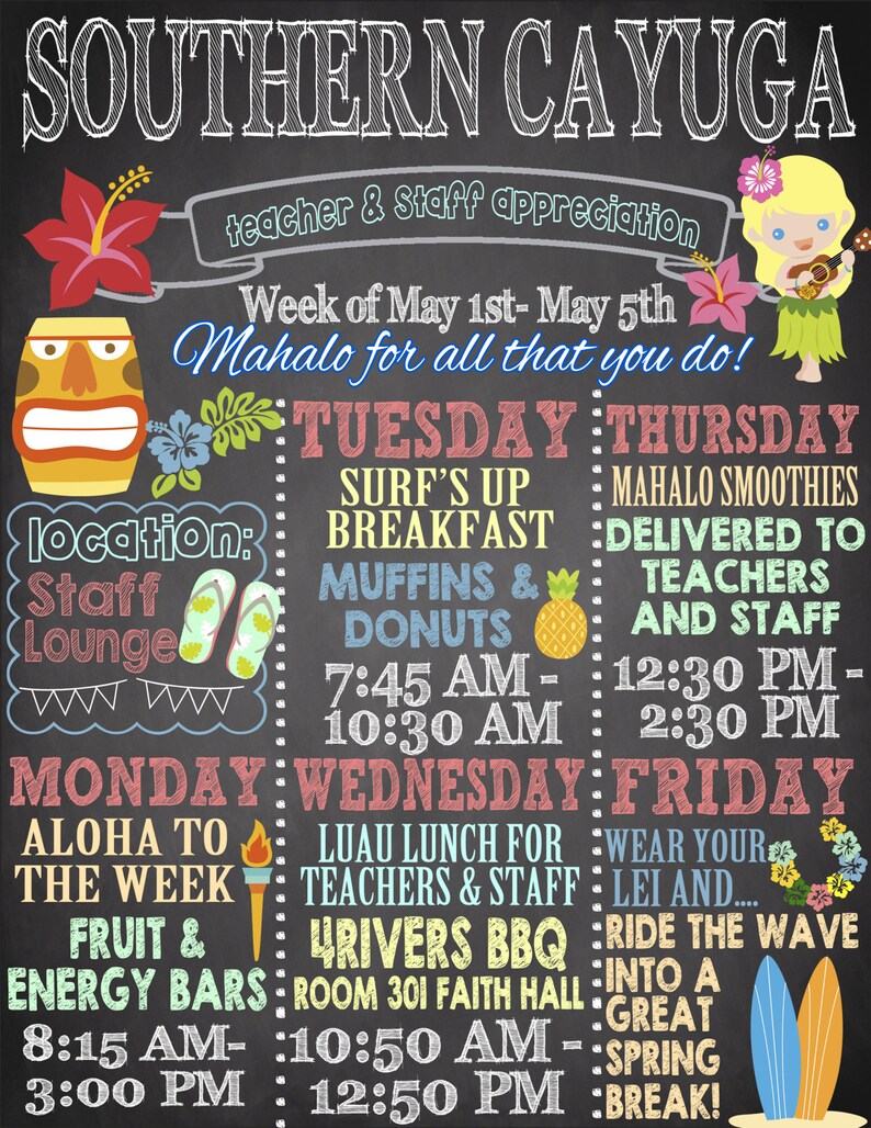 Luau Teacher Appreciation Week, Teacher Appreciation luau schedule, teacher appreciation week schedule, hawaiian teacher appreciation week Southern Style